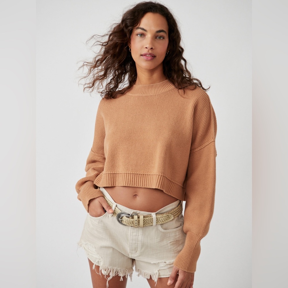NWT Free People Easy Street Crop Slouchy Ribbed Mock Neck Pullover Camel Sz M